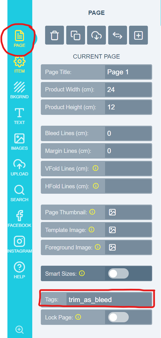 The trim_as_bleed tag entered in a design's page tag field