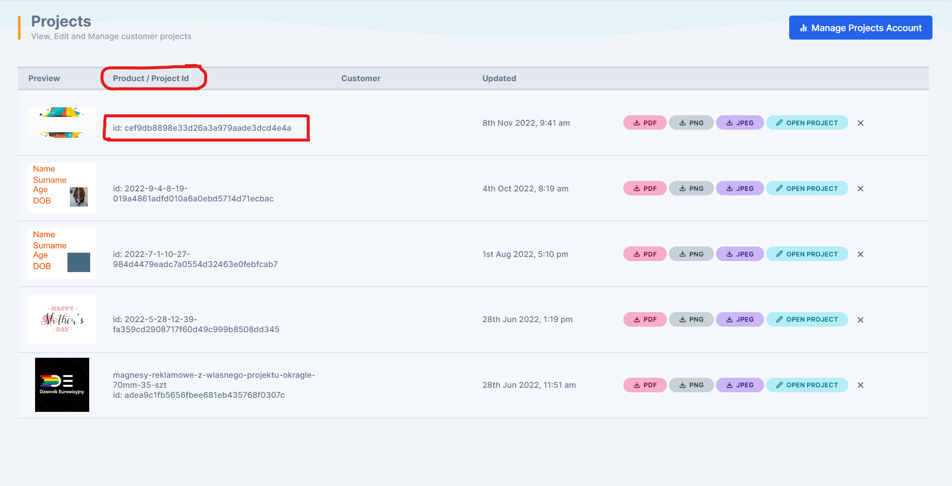 The projects tab in PitchPrint admin with a ProjectId column
