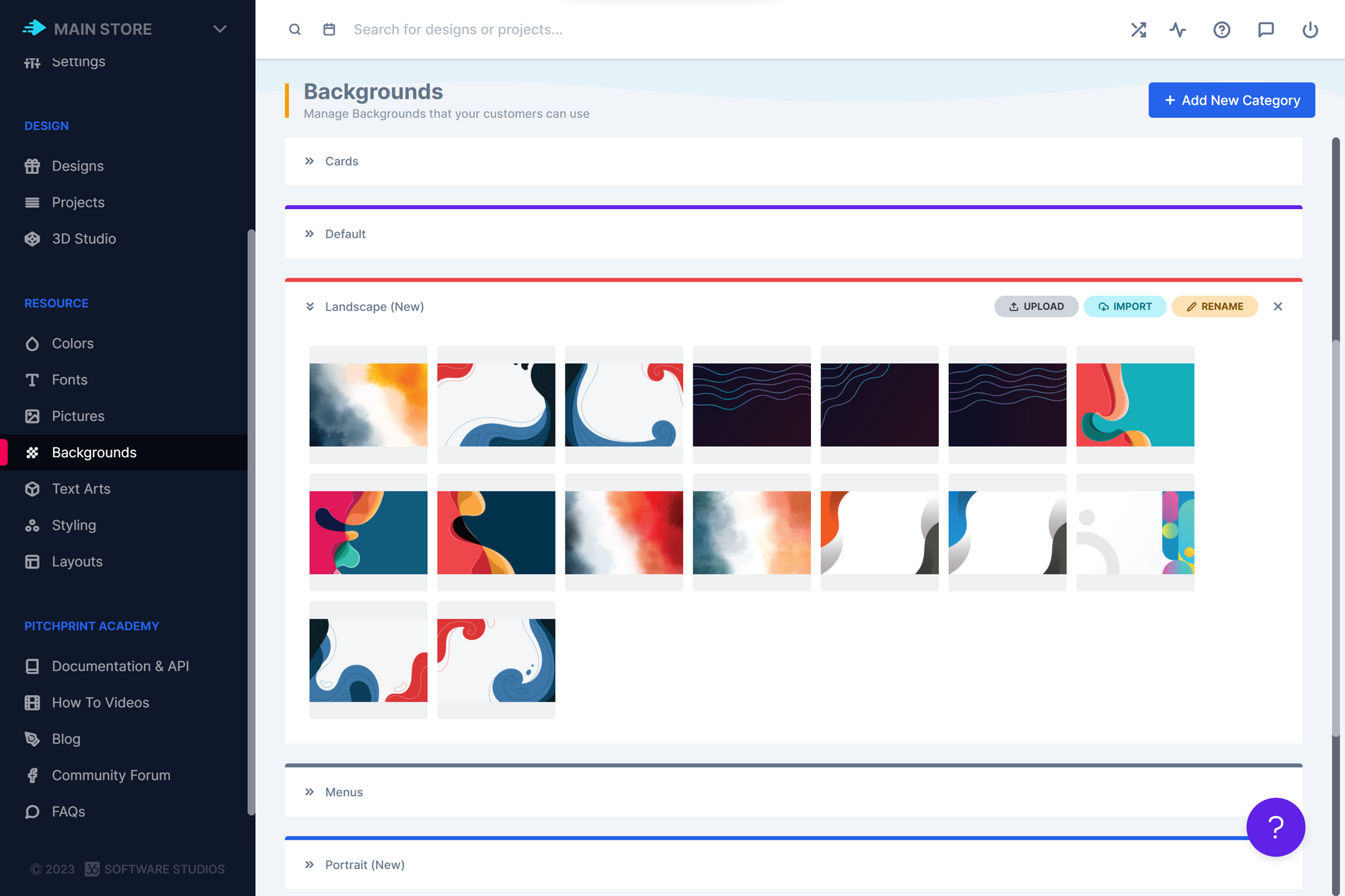 A selection of the new background resources available in the PitchPrint admin