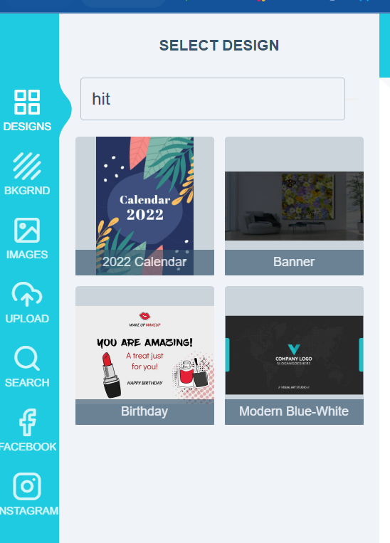 Design selector search results matched from a tag assigned to designs