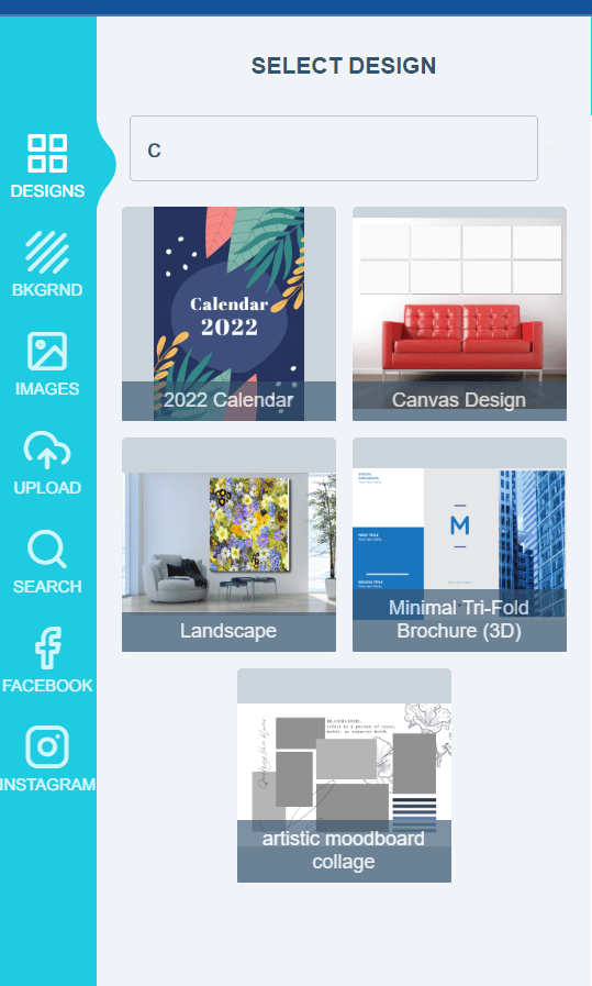Design selector search results matched from a single letter