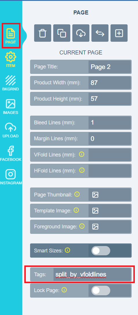 The Page section of a design with the split_by_vfoldlines tag added