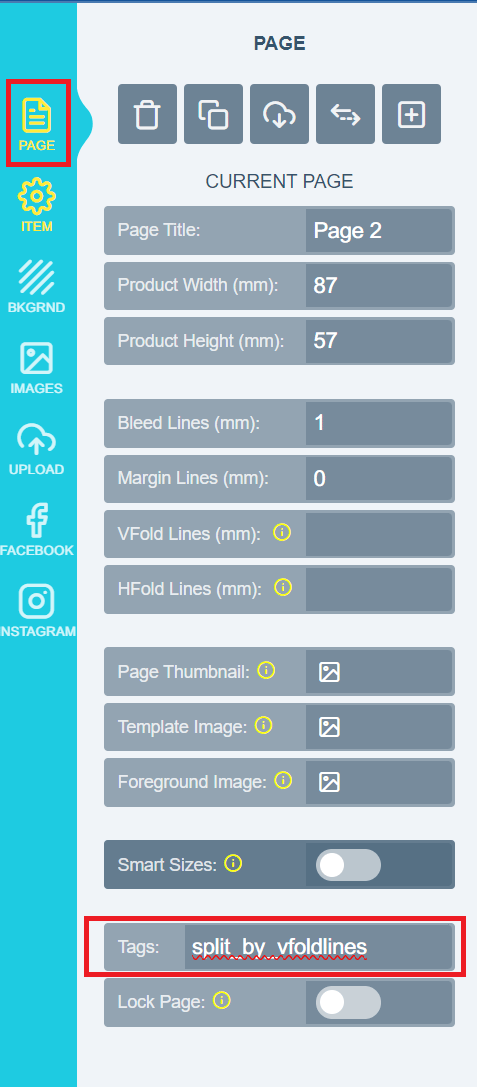 The Page section of a design with the split_by_vfoldlines tag added