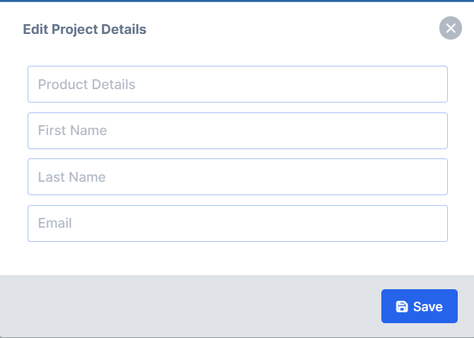 The project details form with fields for the customer and product information