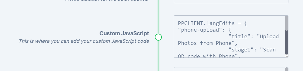 The Custom Javascript field in admin settings with the smartSizeSelector snippet
