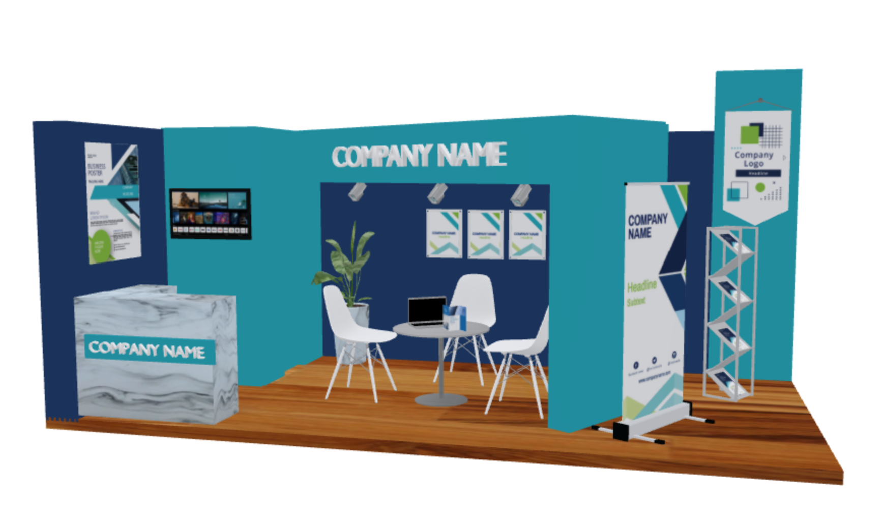 A 3D conference exhibition booth scene with branded display products