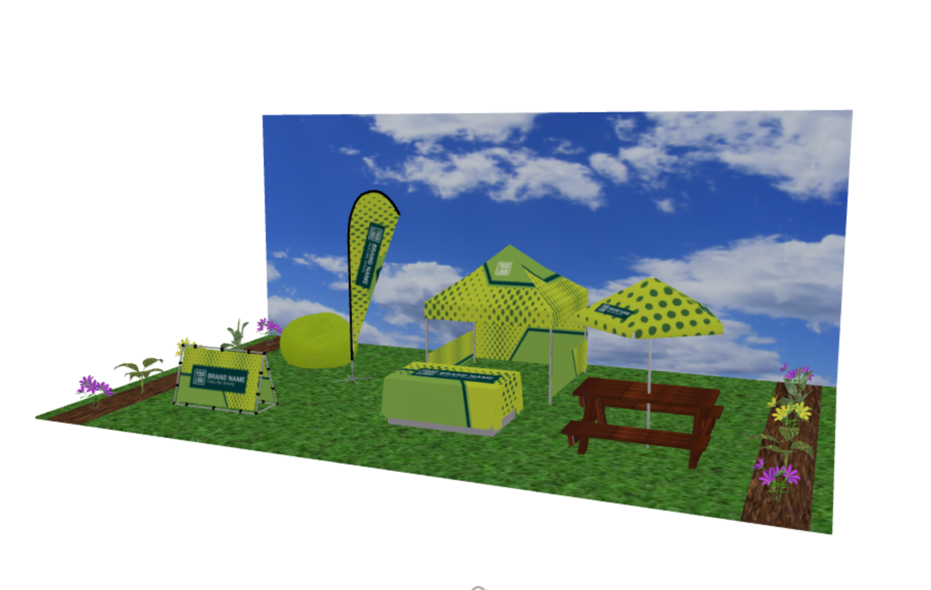 A 3D outdoor exhibition scene for previewing signage and banners