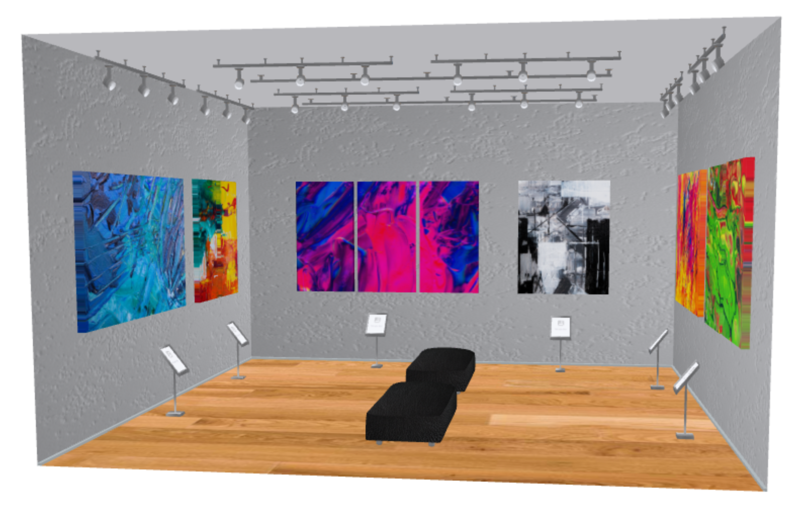 A 3D gallery scene for previewing wall art and prints