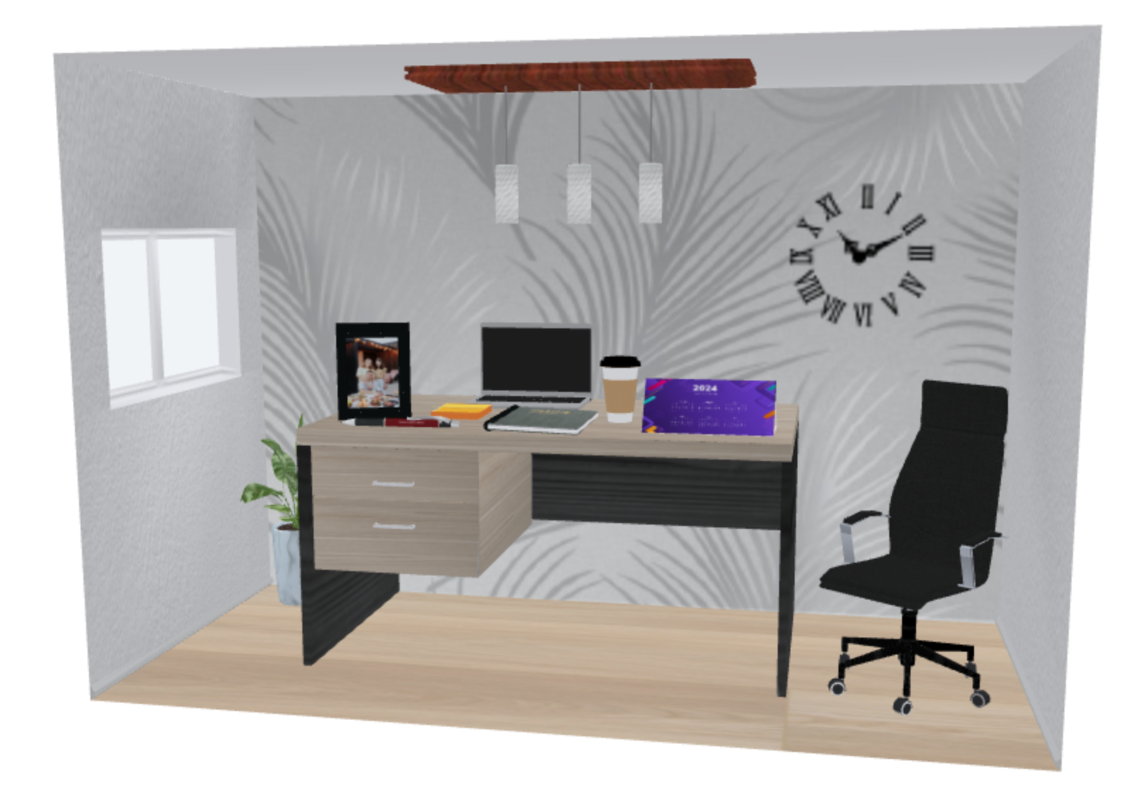 A 3D office space scene for previewing wall wallpaper products