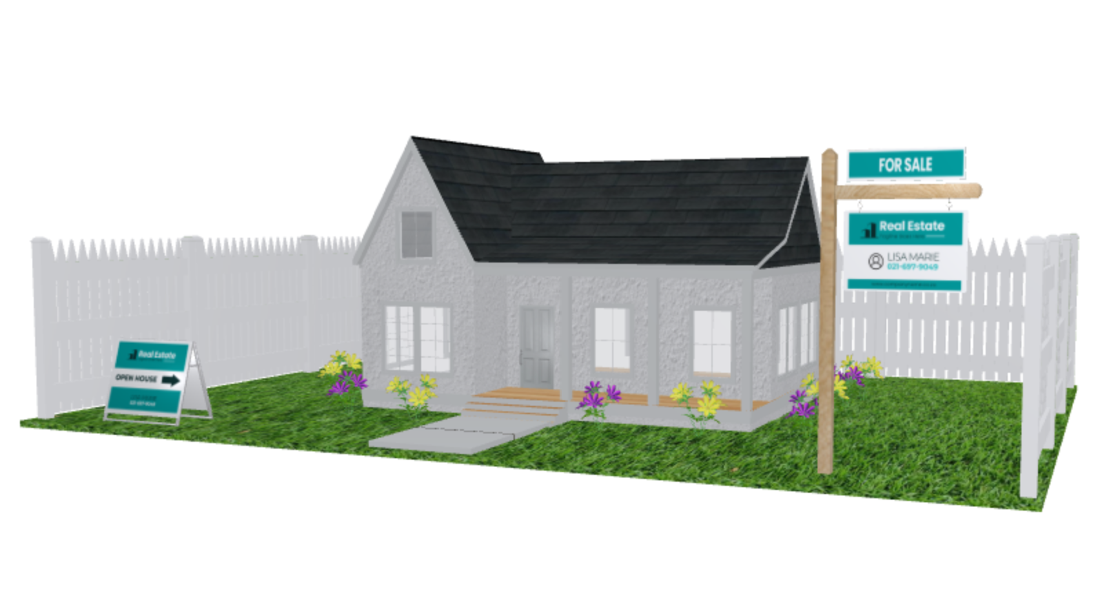 A 3D real estate signage scene for previewing property boards