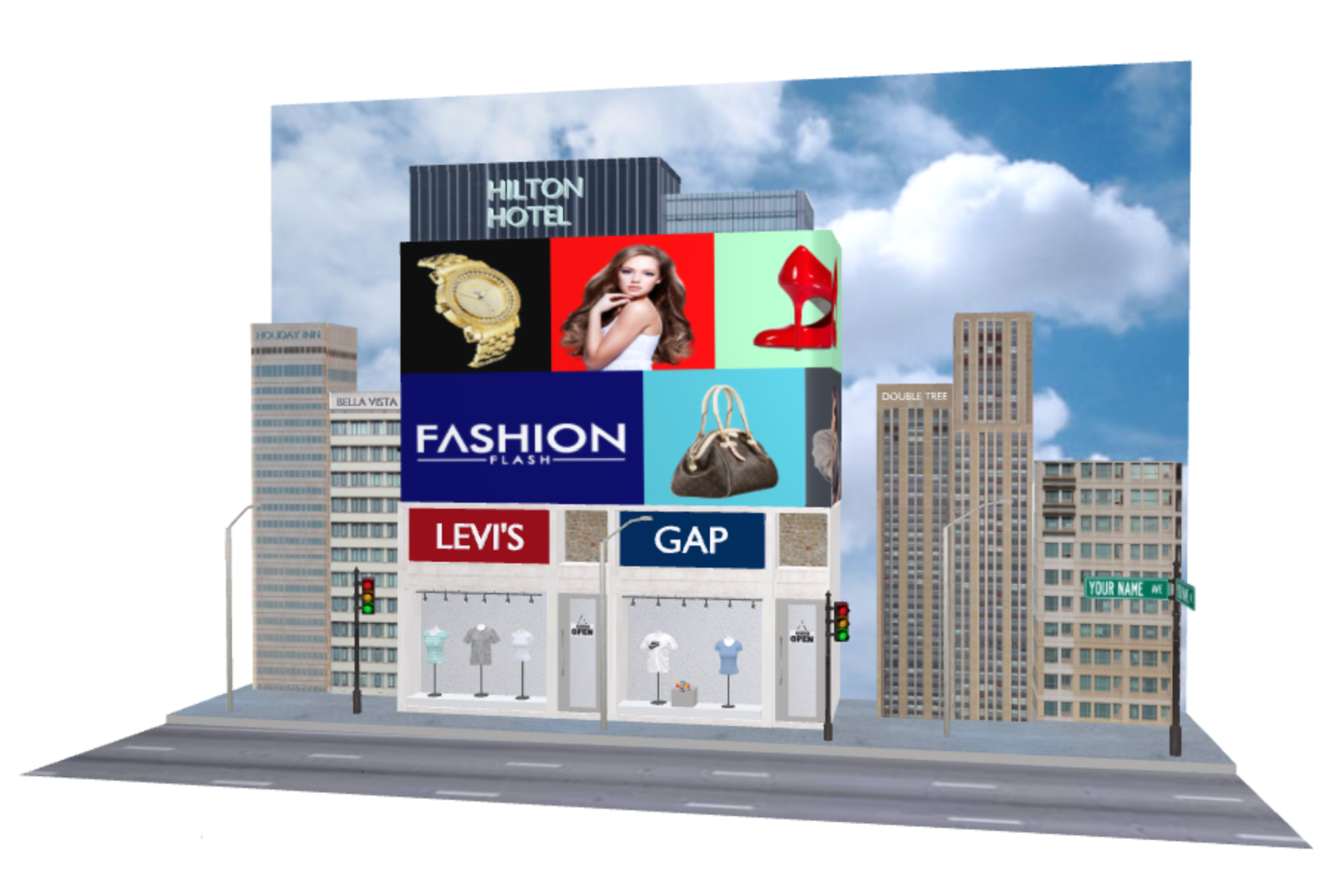 A 3D Times Square street scene with billboard displays