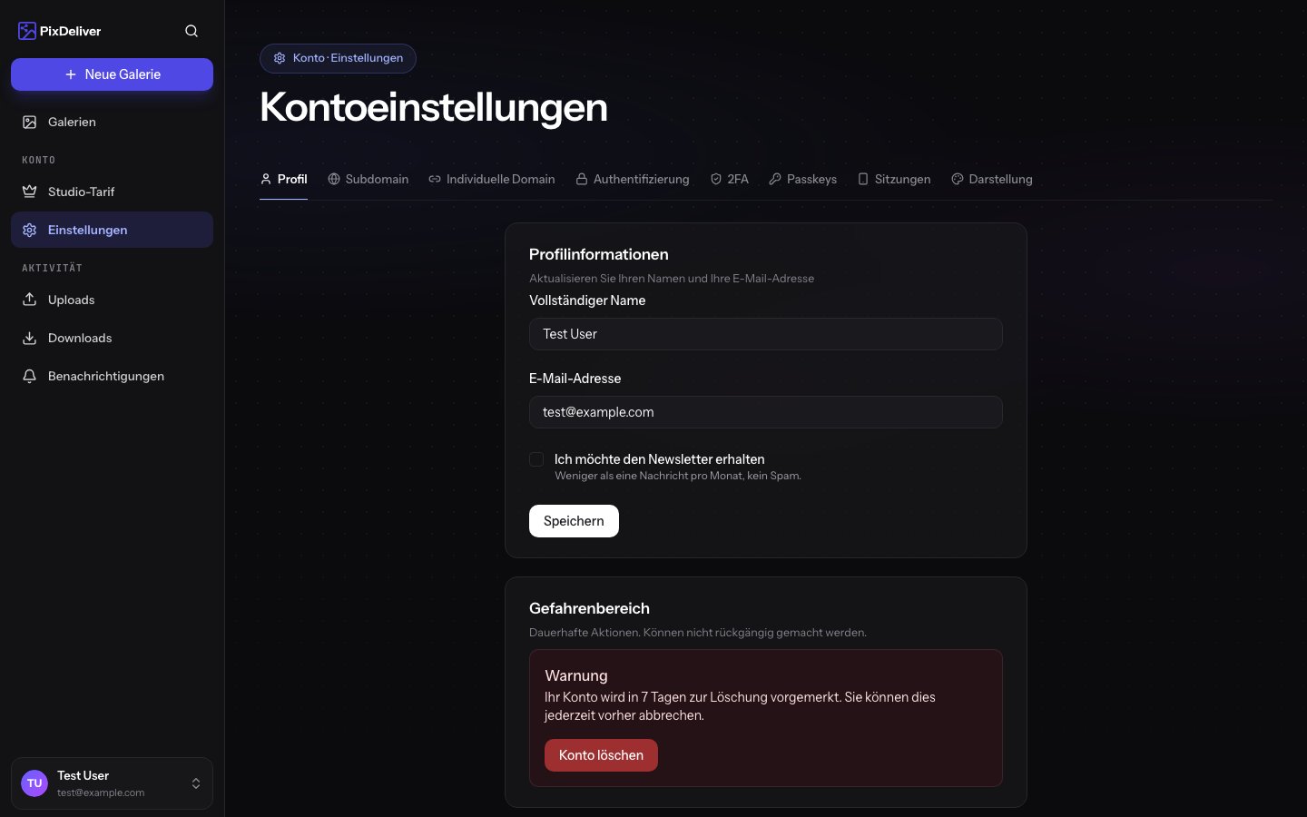 Kontoeinstellungen — Profil, Subdomain und Sicherheit