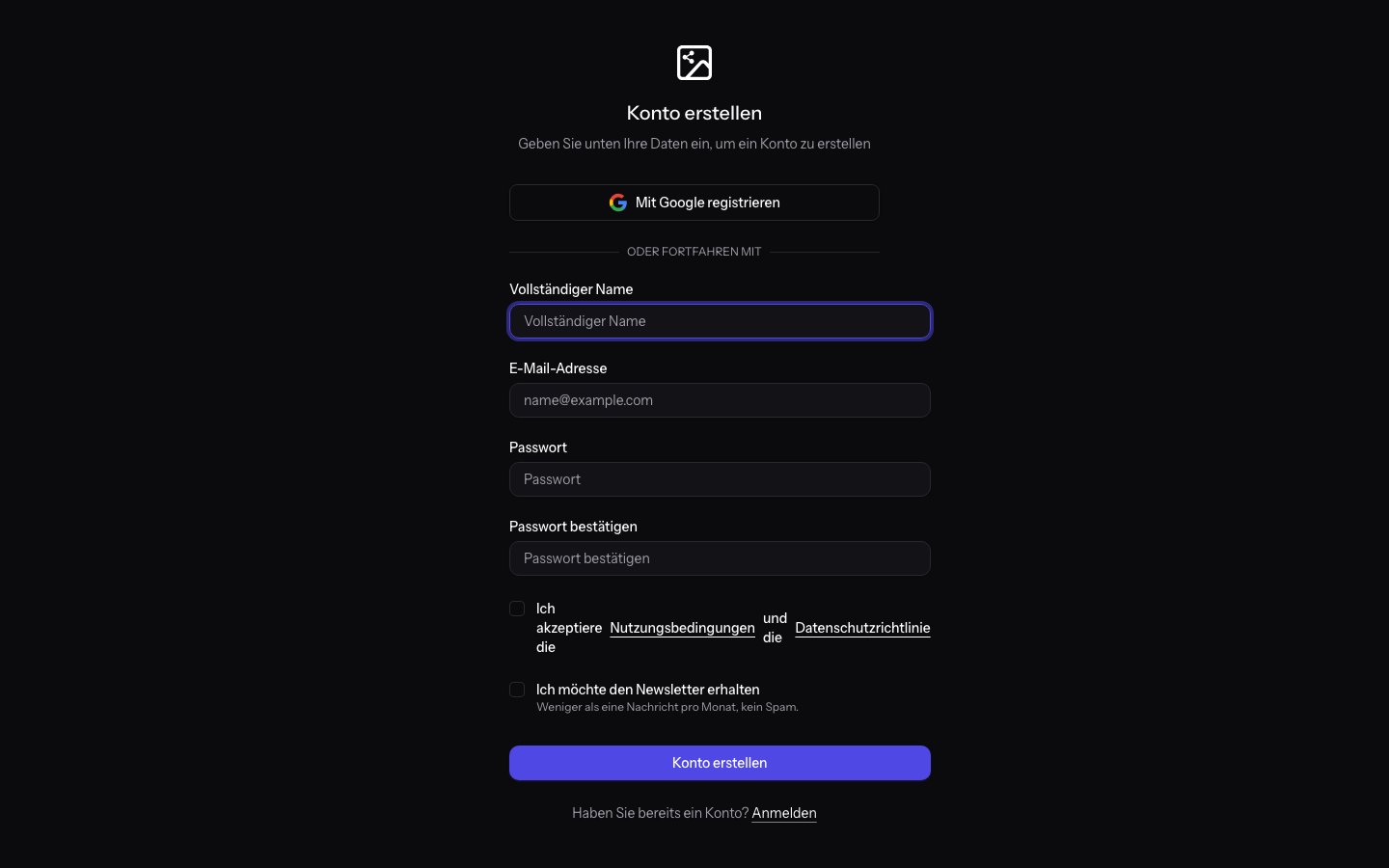 Registrierungsformular für ein PixDeliver-Konto