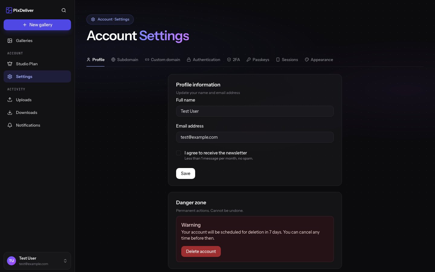 Account settings — profile, subdomain and security