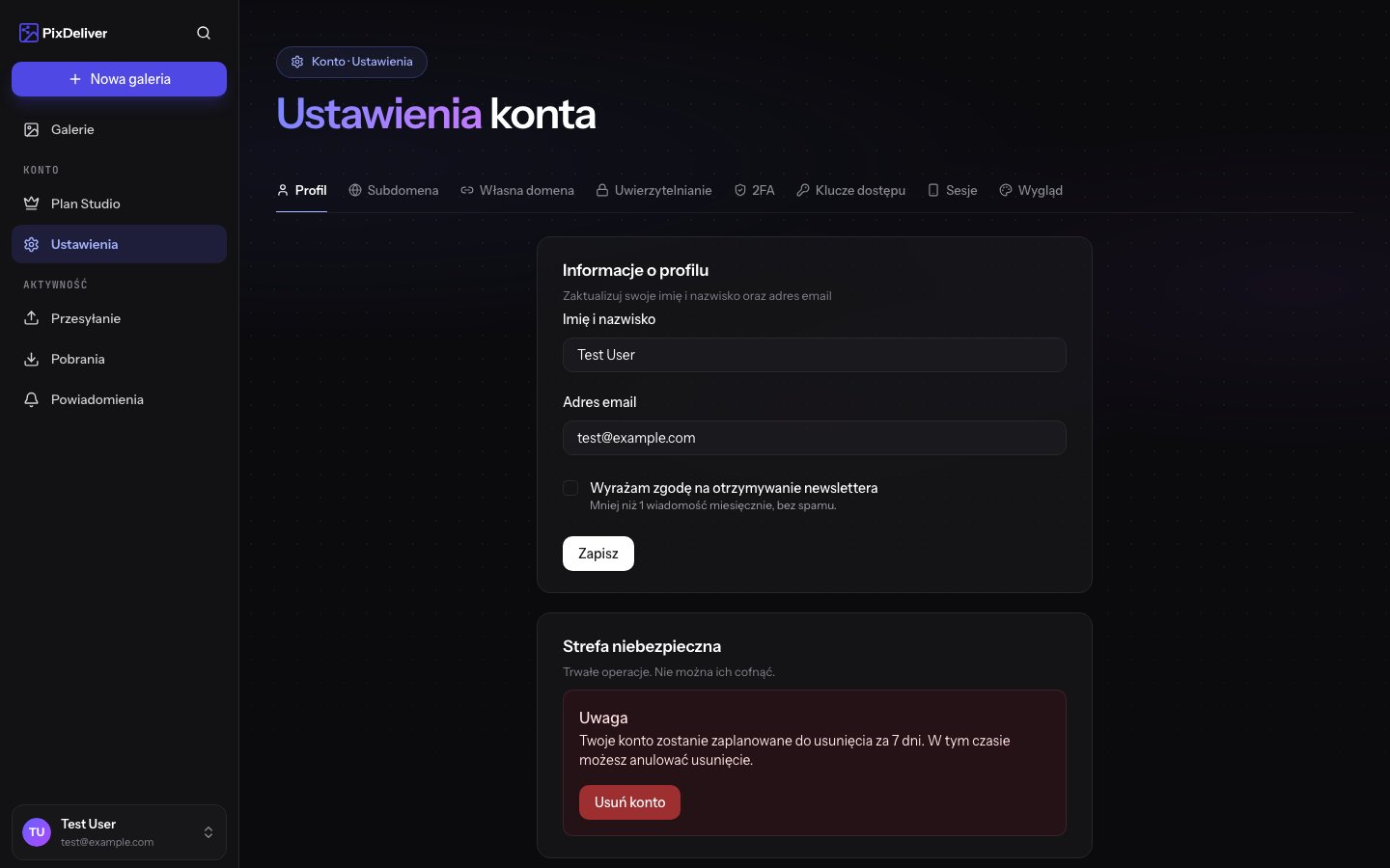 Ustawienia konta — profil, subdomena i bezpieczeństwo