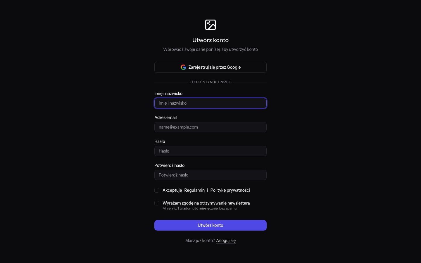 Formularz rejestracji konta w PixDeliver