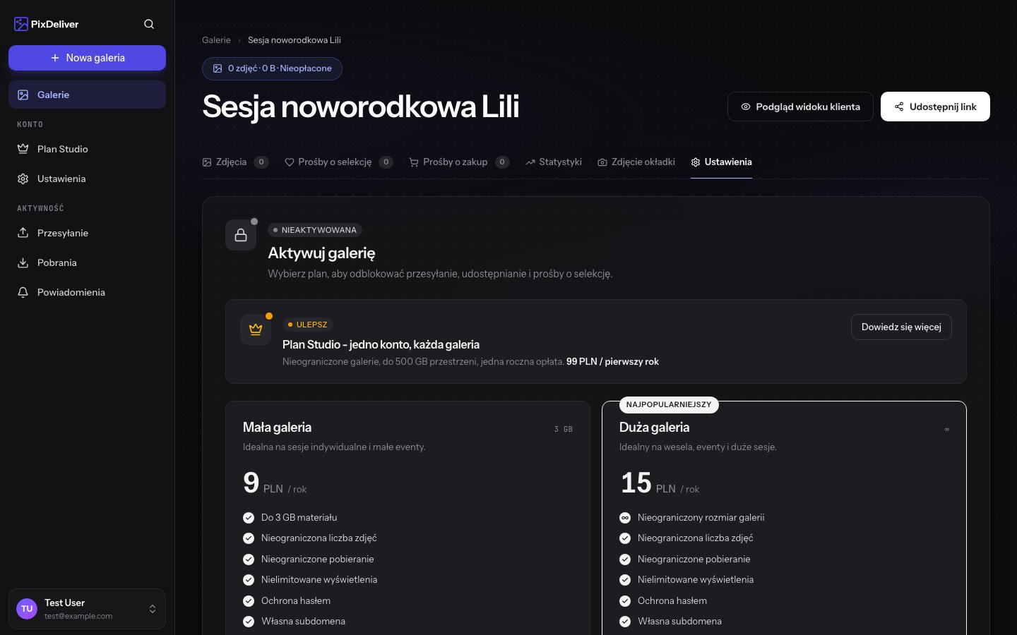 Wybór planu i aktywacja galerii