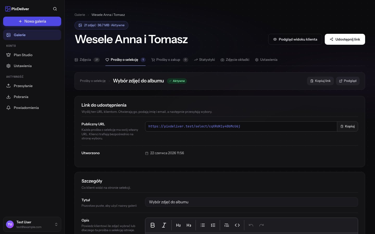 Link do udostępnienia prośby o selekcję
