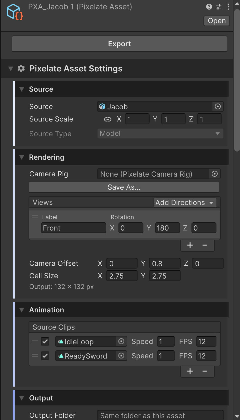 Pixelate Asset Inspector with the Export button at the top and the Source, Rendering, Animation and Output sections below it