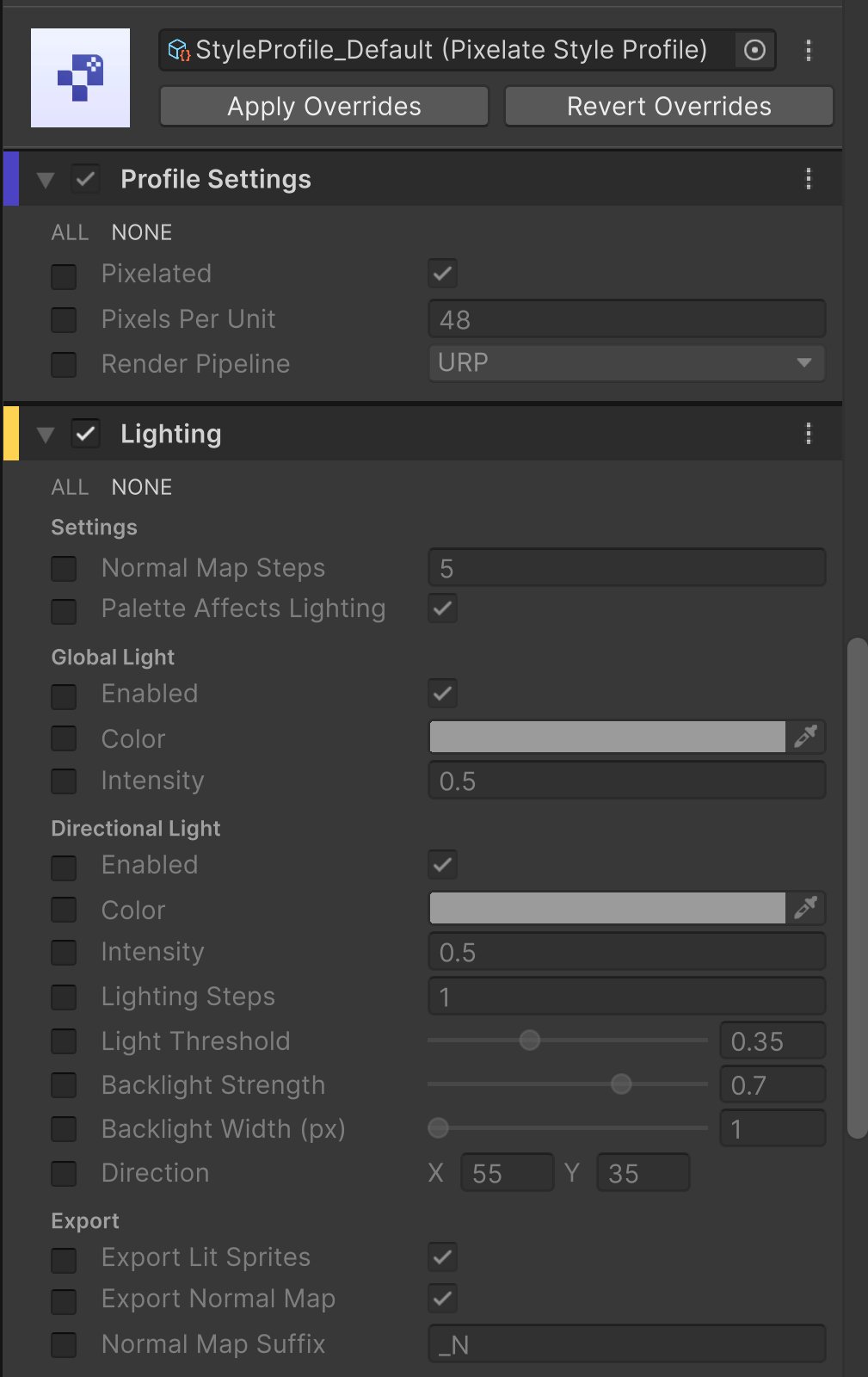 Style Profile section of a Pixelate Asset with override checkboxes beside each Profile Settings and Lighting field, plus Apply Overrides and Revert Overrides buttons