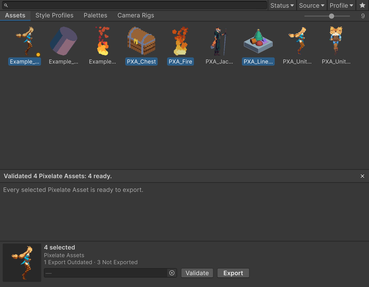 Browser window after Validate, showing a summary of the selected assets with each error and its fix, and the details strip with Style Profile, Validate and Export