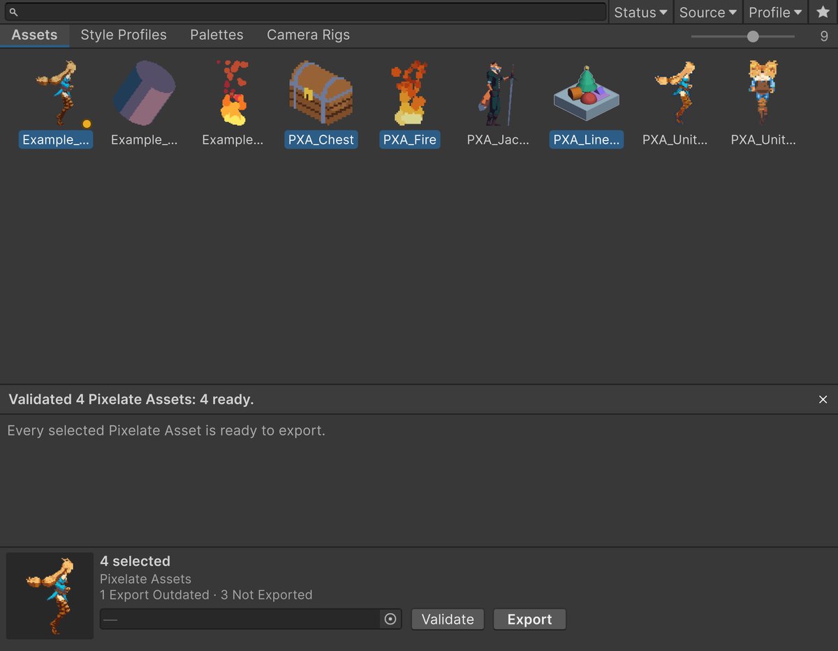 Browser window after Validate, showing a summary of the selected assets with each error and its fix, and the details strip with Style Profile, Validate and Export