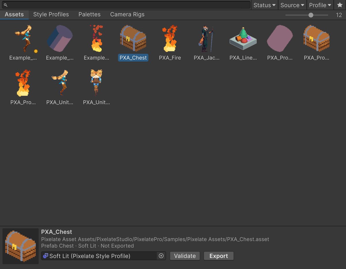 Browser window: a search field with Status, Source and Profile filters, tabs for Assets, Style Profiles, Palettes and Camera Rigs with a size slider, a grid of asset thumbnails, and a details strip for the selected asset with Validate and Export