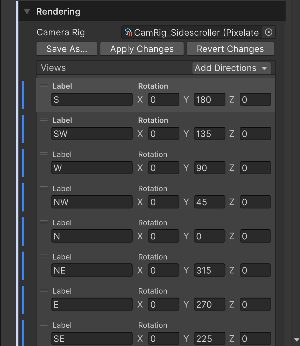 Views list after Add Directions > 8 Directions, showing views S, SW, W, NW, N, NE, E and SE with their Y rotations