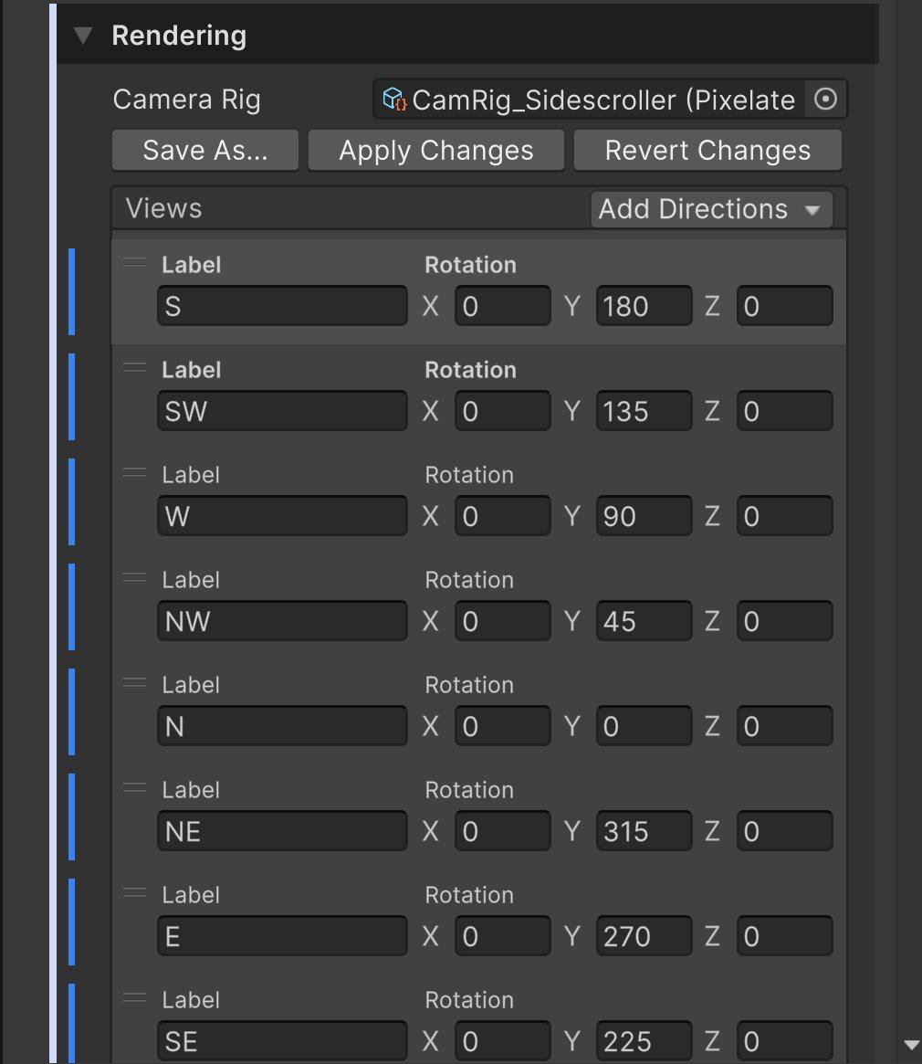 Views list after Add Directions > 8 Directions, showing views S, SW, W, NW, N, NE, E and SE with their Y rotations
