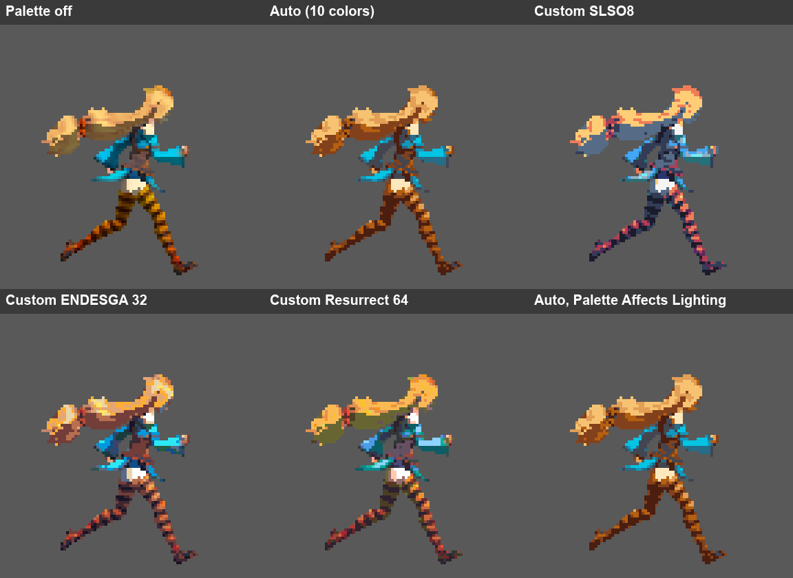 The same running character rendered with no palette, an automatic 10-color palette, and three custom palettes