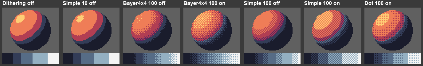 A shaded sphere and a grey ramp showing the Simple, Bayer 4x4 and Dot patterns