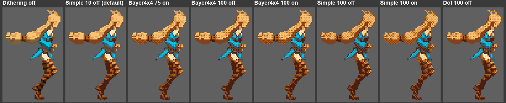 A character with dithering off, then with Simple, Bayer 4x4 and Dot patterns at different amounts, with Center on and off