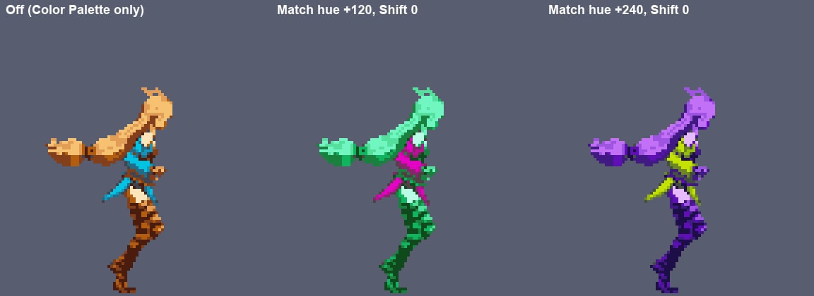 A character with its original palette, then swapped to a green and a purple match palette