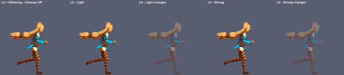 A character with Pixel Cleanup off, Light and Strong, with the changed pixels highlighted