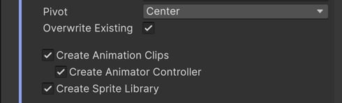 Output options Create Animation Clips, Create Animator Controller and Create Sprite Library