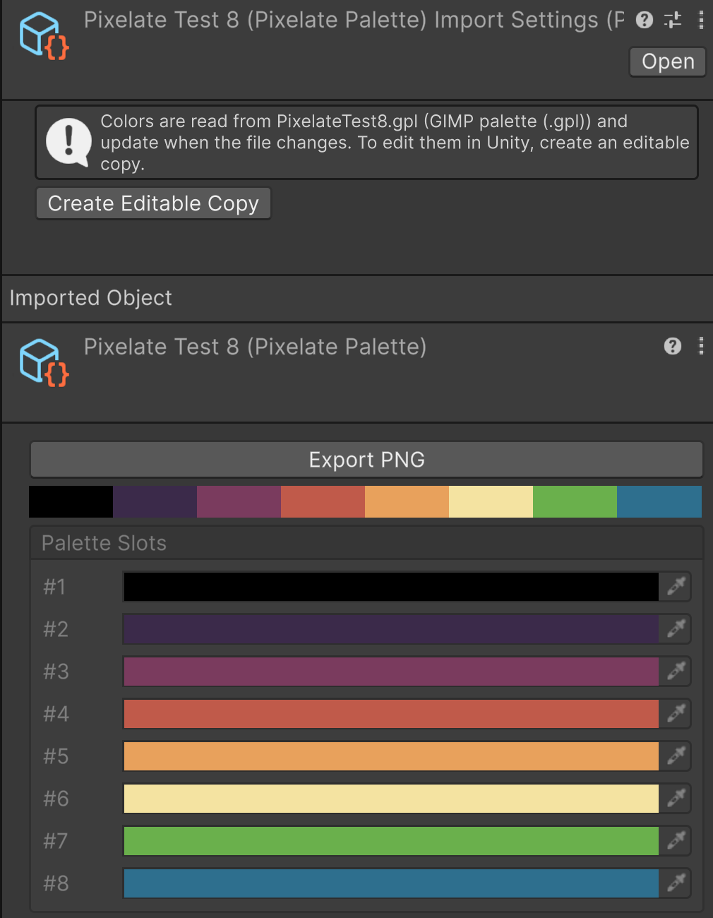 Inspector of an imported .gpl palette file showing its eight colors, the Create Editable Copy button and Export PNG