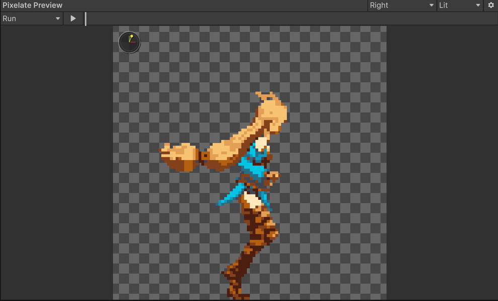 Pixelate Preview with the Run clip selected, the play button, the Right view, Lit draw mode and the gear menu
