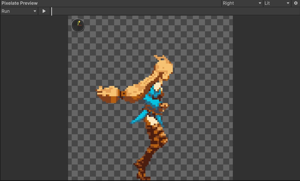Pixelate Preview with the Run clip selected, the play button, the Right view, Lit draw mode and the gear menu