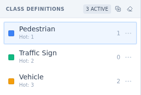 PixlHub class definitions panel with Pedestrian, Traffic Sign and Vehicle classes and hotkeys