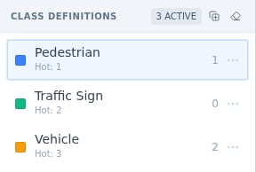 PixlHub class definitions panel with Pedestrian, Traffic Sign and Vehicle classes and hotkeys