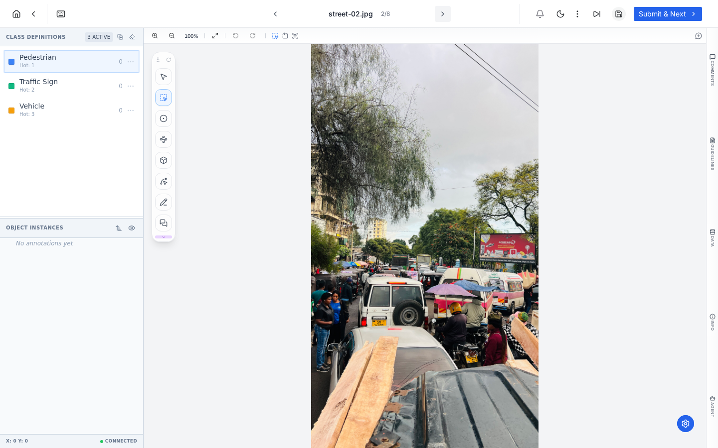 PixlHub image annotation editor with a street scene loaded, tool palette and class panel visible
