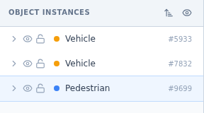 Object instances panel listing two Vehicle annotations and one Pedestrian annotation
