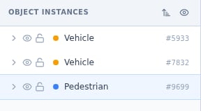 PixlHub object instances panel listing Vehicle and Pedestrian annotations with IDs