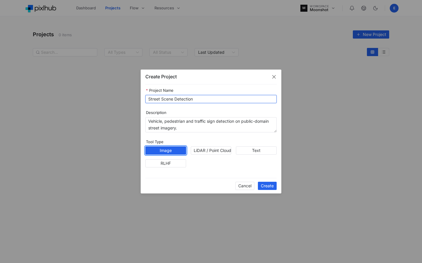 PixlHub New Project dialog with project name, description and tool type selection