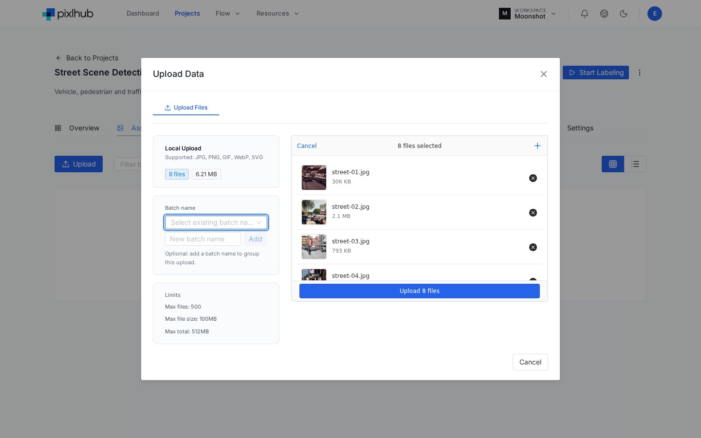 PixlHub Upload Data dialog with selected image files, batch name field and upload limits