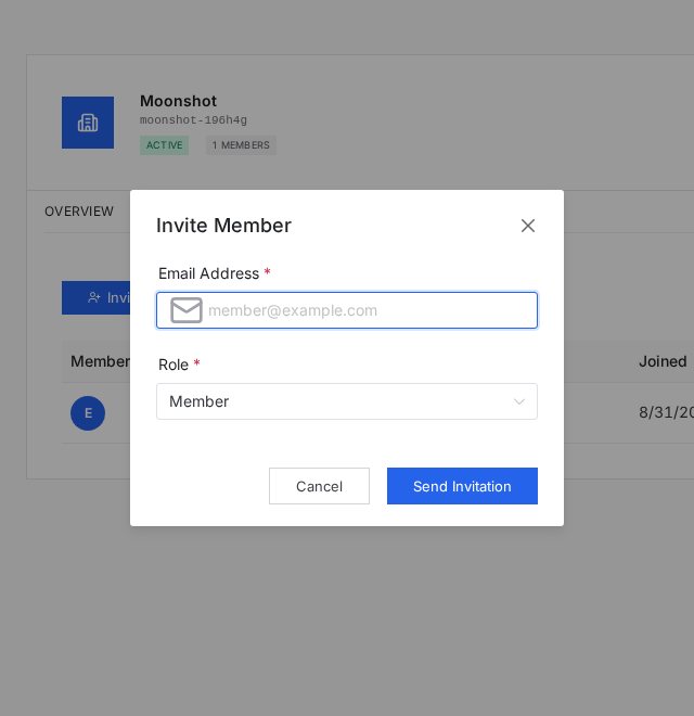 PixlHub Invite Member dialog with email address field and role selection