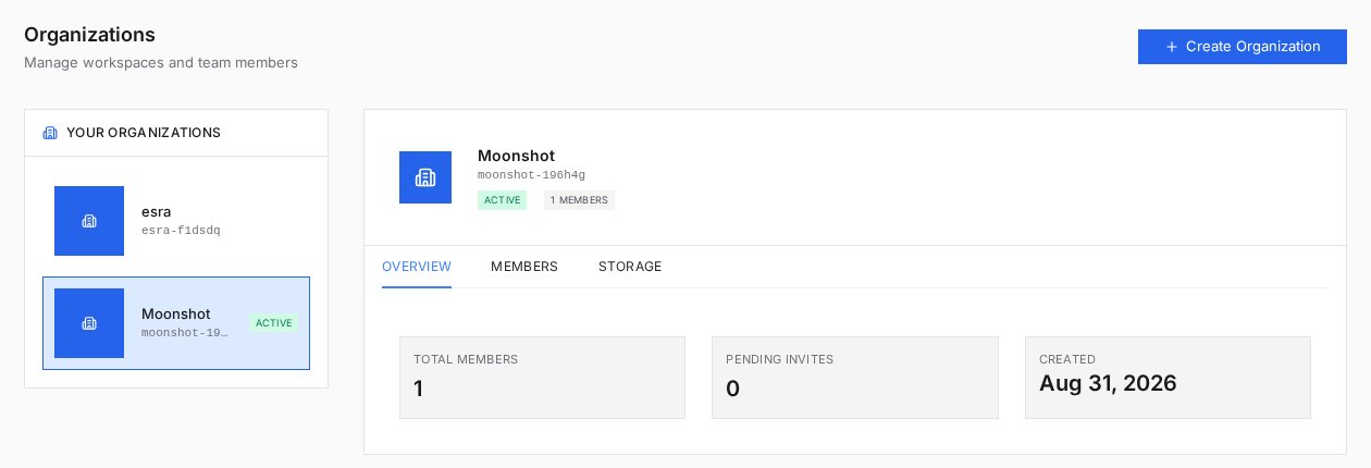 PixlHub Organizations page showing workspace list with members, invites and storage tabs