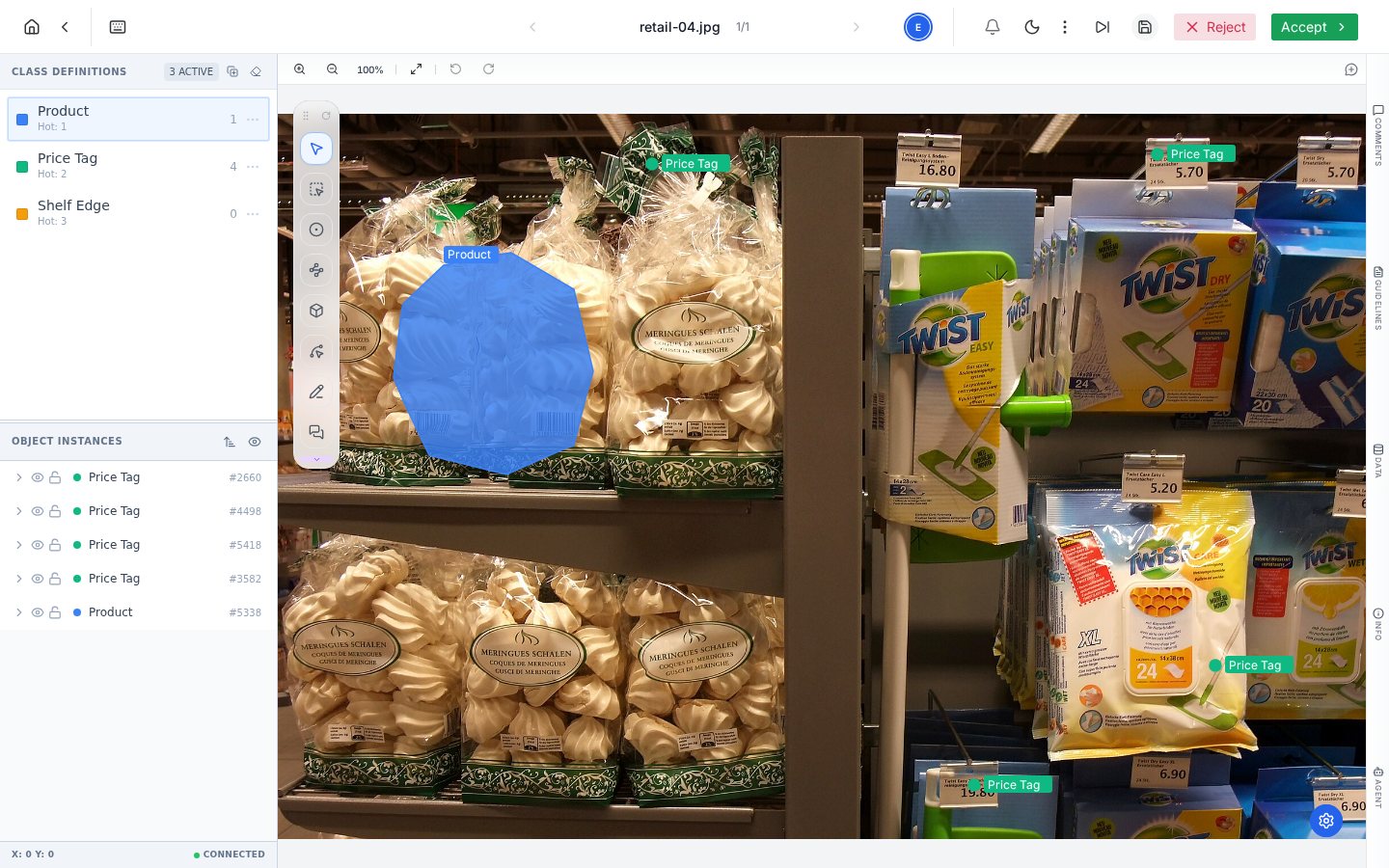 PixlHub review mode showing a submitted retail task with point and freeform annotations and Accept and Reject buttons