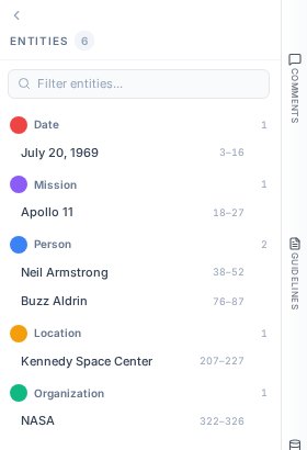 PixlHub entities panel listing labeled spans with character offsets grouped by class