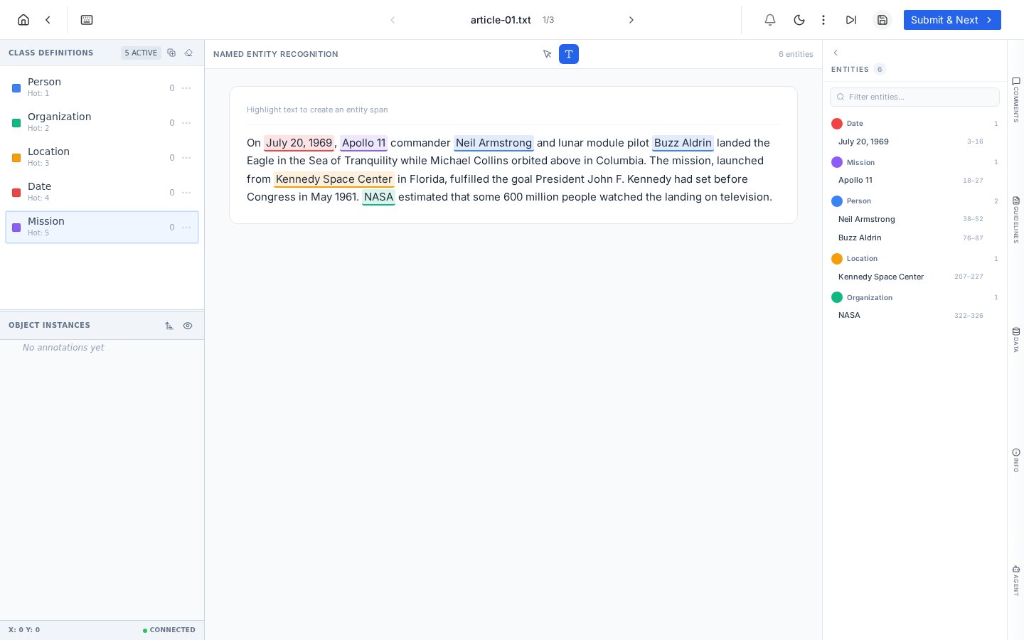 PixlHub text annotation editor showing a NASA article with color-coded entity spans for Person, Organization, Location, Date and Mission